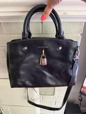 Dana Buchman Black Leather Satchel with Gold Lock Accent